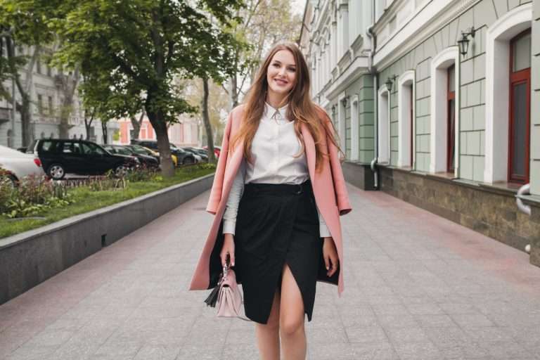 attractive stylish smiling woman walking city street pink coat spring fashion trend elegant style